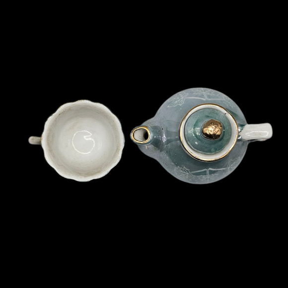 Vintage Ceramic Teapot & Cup Set Gray Blue Maple Leaf Motif Gold Trim Japan - Picture 5 of 6